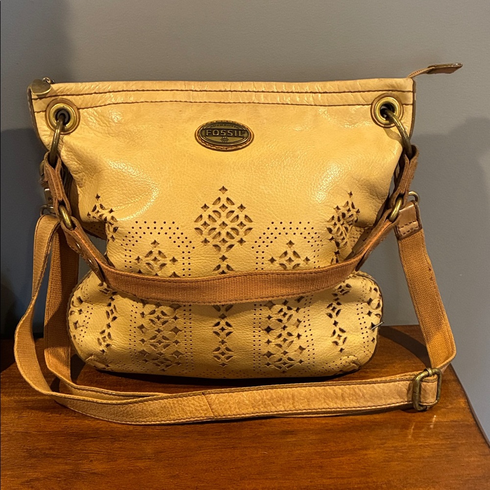 Fossil tan Laser-Cut Leather Crossbody Bag